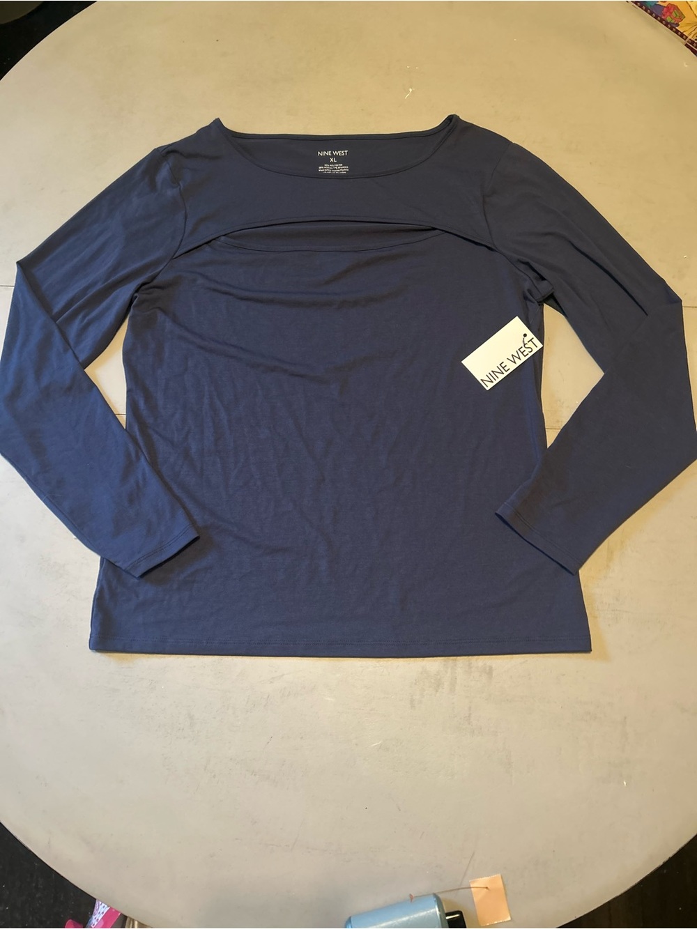 Nine West Navy Long Sleeve Scoop Neck Top with Front Seam Detail